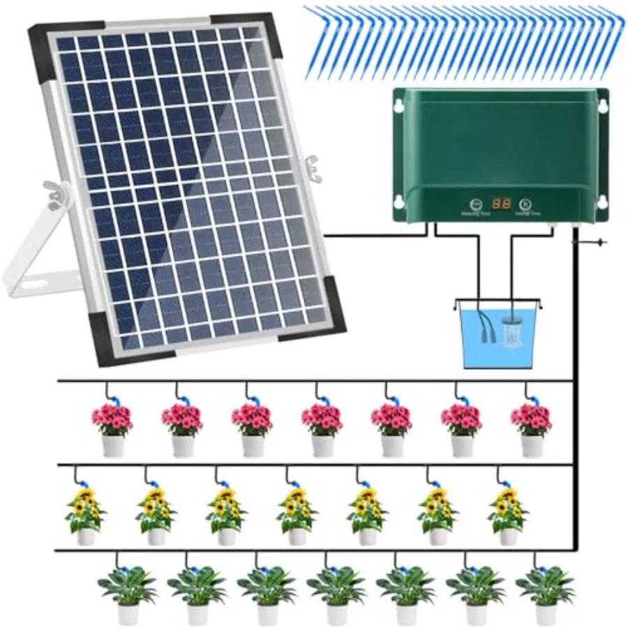 

10W Solar Automatic Drip Irrigation Kit Auto Watering System Solar Powered Auto-Irrigation Set for Garden Raised Beds Patio Law
