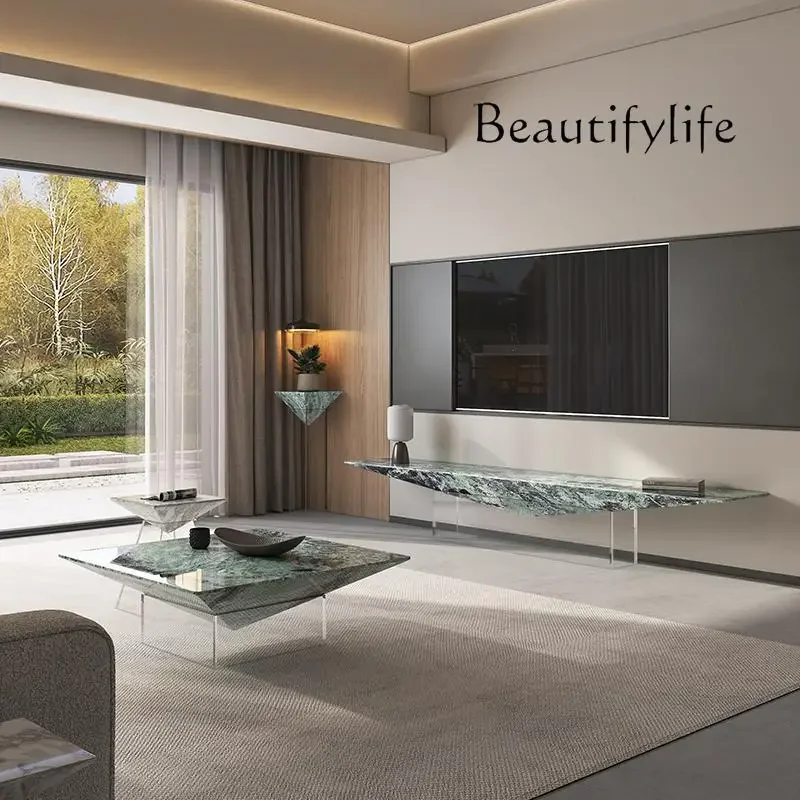 HI X "مجموعة حامل تلفزيون إيطالي بسيط - وحدة تحكم وسائط من الرخام الطبيعي والأكريليك، حجر فاخر مخصص صديق للبيئة من ENF"