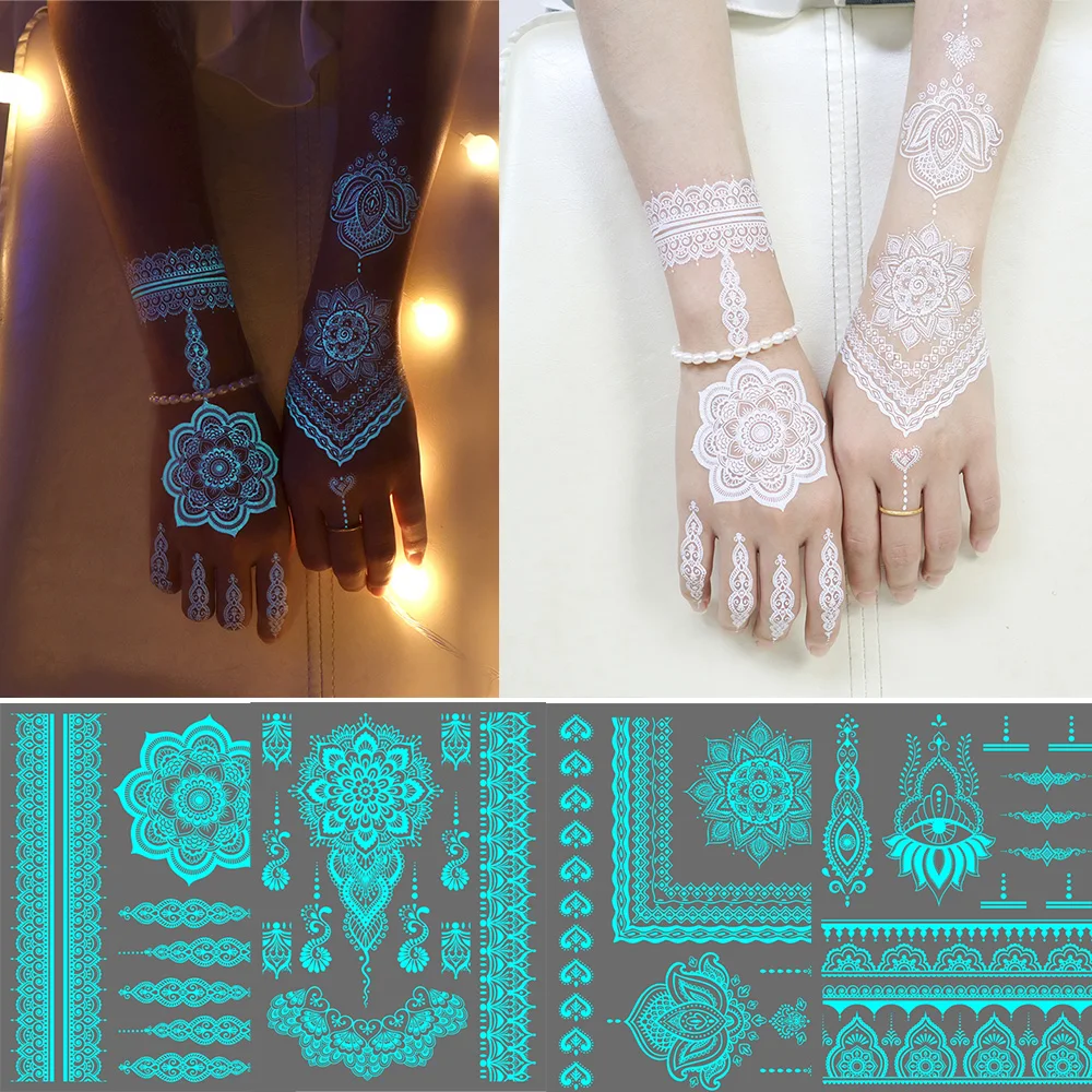 1PCS Blue Glow Henna Tattoo Sticker White Mandala Temporary Tattoos, Glow in the Dark Back of Hand Finger Body Art for Women