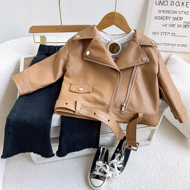 

Girls Jacket Baby Princess Solid Full Sleeve Zipper Leather Top Jacket Children Fashion Autumn Girls Coat Outwear Buttons 2-7Y