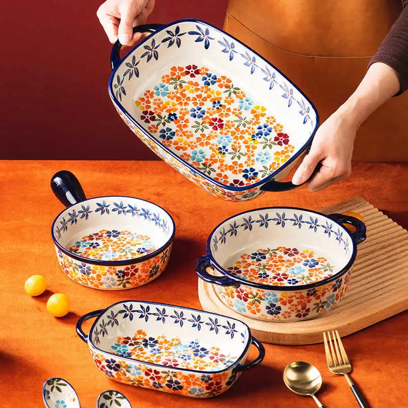 1Pc Rectangular Polish Embossed Ceramic Bakeware, In-Glaze Hand-Painted Double Handle Bowl, Suitable for Cheese Baked Rice