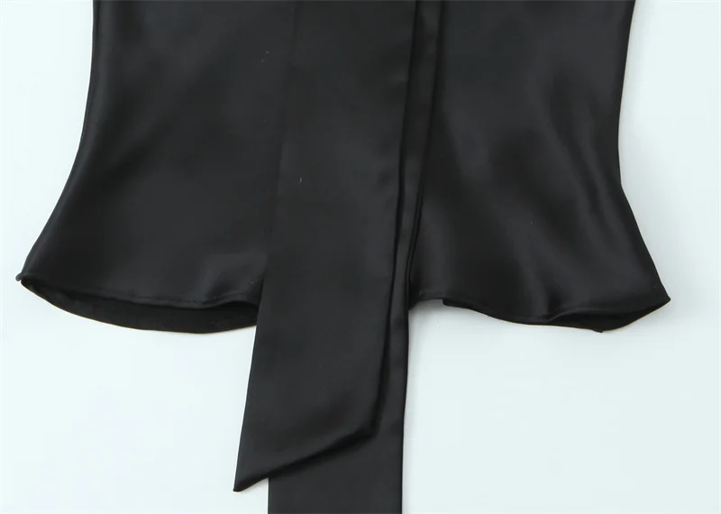 قميص نسائي 2025 خريف جديد وصول أسود طويل الأكمام الساتان الملمس مثير الخامس الرقبة قميص مع وشاح الديكور أنيقة #4