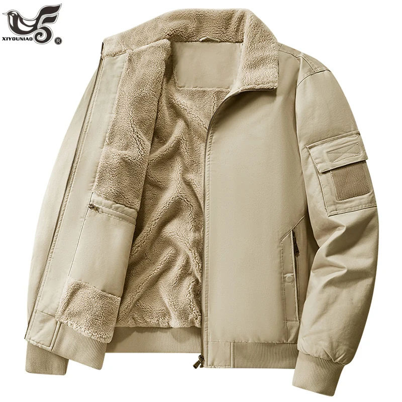 2025 new washed pure cotton Cargo jackets men's flight bomber jacket autumn winter lamb wool Parkas men plus velvet thick Coats