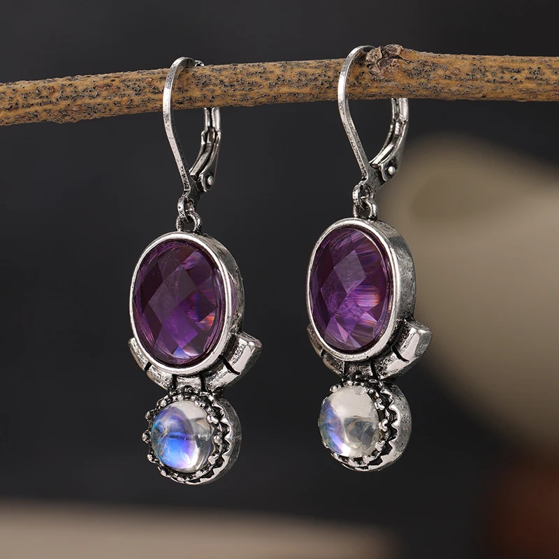 Vintage Inlaid Purple Stone Imitation Moonstone Dangle Women's Earrings Trendy Silvery Color Geometry Daily Wear Party Jewelry