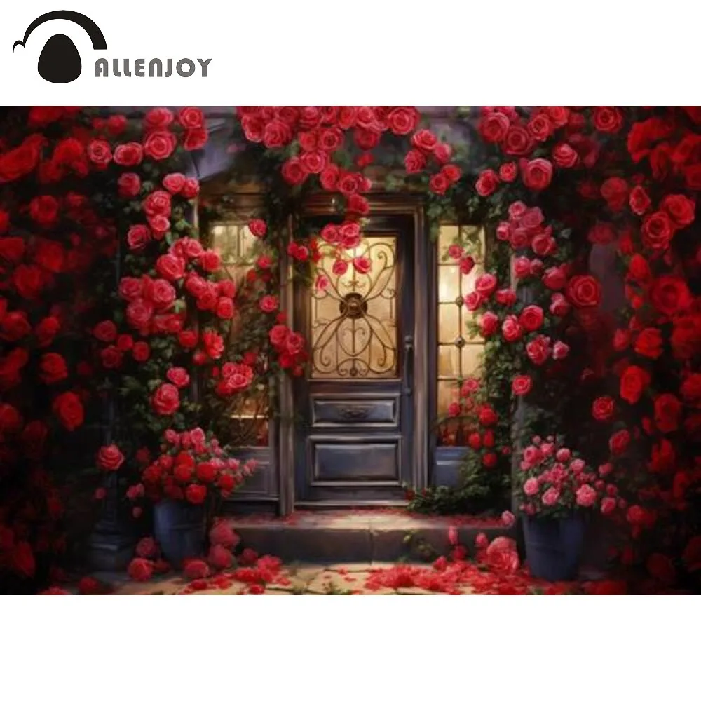 

Allenjoy Oil Painting Rose Garden Photography Backdrop Valentine's Day Wooden Door Wall of Flowers Photo Booth Background