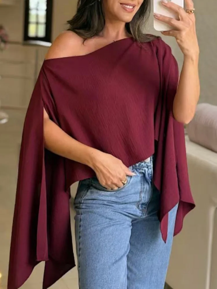 Blusa informal con manga de murciélago y cuello oblicuo para mujer, camisa holgada lisa elegante para mujer, Blusa de primavera y verano 2021, Top Sexy para mujer, ropa de calle