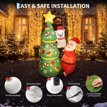 7ft Christmas Inflatable Santa & Polar Bear With Tree, Lighted Blow Up Yard Decor With Leds, Blower, Stakes For Home Lawn Garden Porch 6