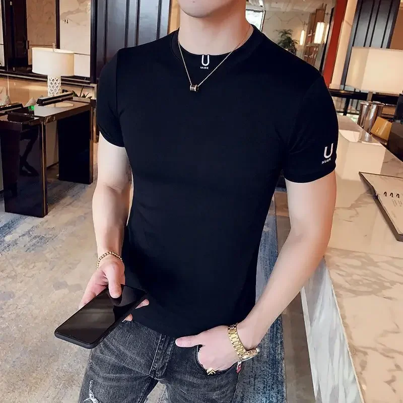 Clothes Gym Men's T-shirt Plain Streetwear Muscles Male Tee Shirts Skinny Top Ordinary High Quality Stylish Short Quarter Sleeve