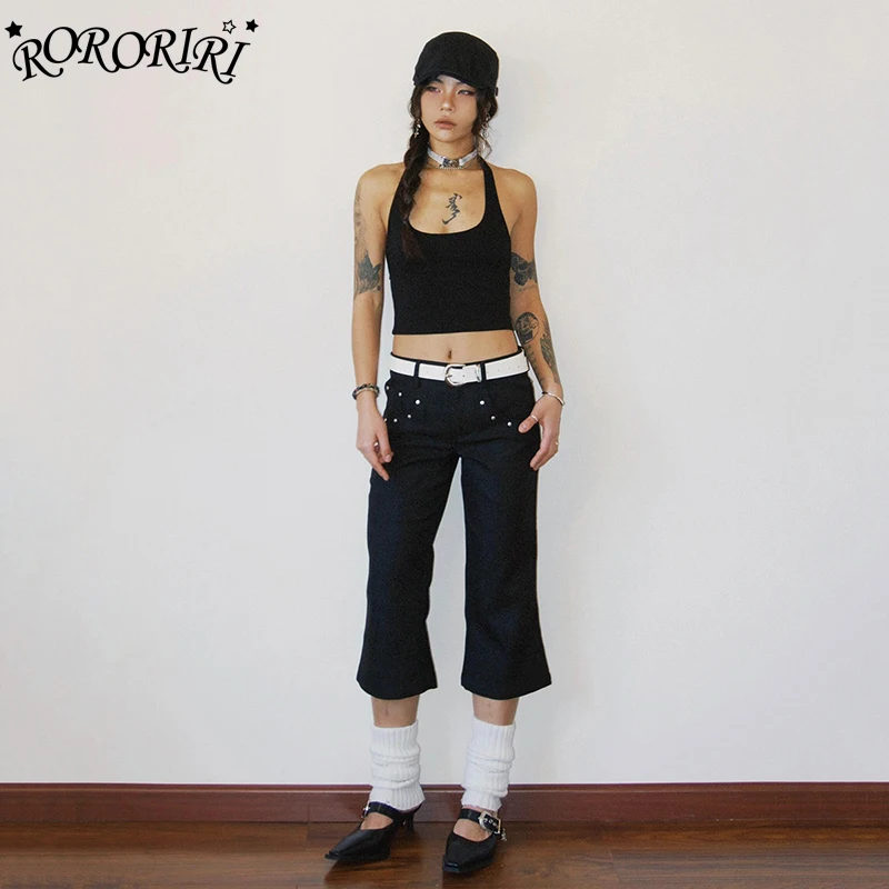 

RORORIRI Solid Rivets Flare Jeans Jorts Women High Street Black Bootcut Capri Pants Low Waist Bell Bottoms Vintage Y2k Clothes