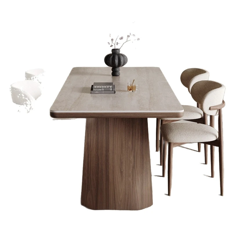 

Medieval style solid wood travertine slate dining table and chair combination Household Nordic walnut rectangular