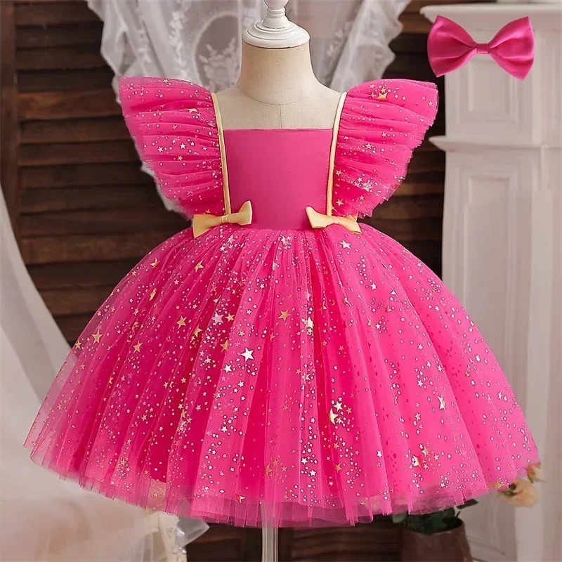 1 st Baby Girl  Birthday Princess Dress Sequined Star Ruffle Bow Tutu Gown Baby Formal Gala Prom Gown Kids Evening Party Costume