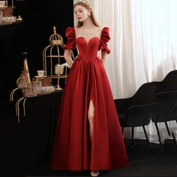 A-Line Prom Dress O-Neck Floor-Length Evening Party Dresses Satin Sexy Prom Dresses with Short Sleeves Customized