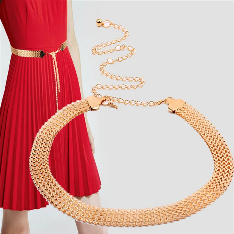 Fashion Wave Metal Waist Chain Belt Gold Buckle Body Chain Dress Belt