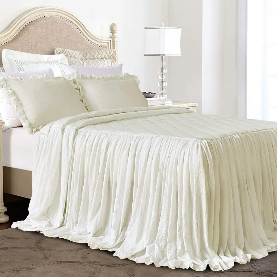 

Elegant Ruffle Skirt Bedspread in Ivory for Queen Size Beds Lightweight 3Piece Shabby Farmhouse Style Bedding Set Perfect for C