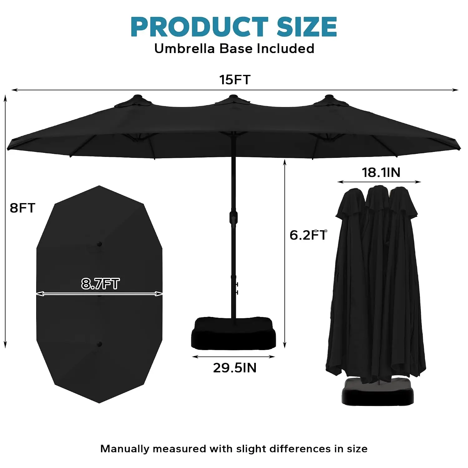 15ft Double-sided Outdoor Patio Umbrella with Base & Crank Handle, Large Market Garden Backyard Sun Shade, Customized