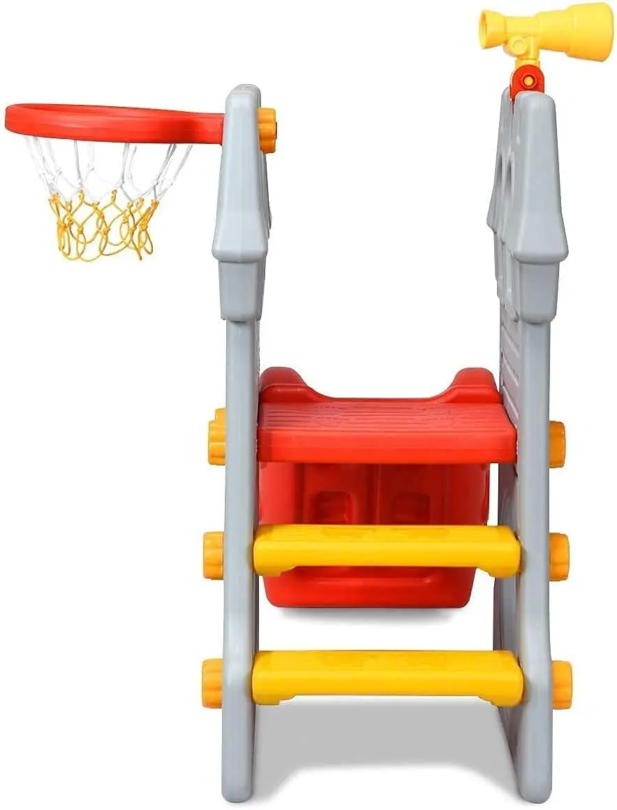Toddler Slide Playground Climber Set, 5 in 1 Slide for Kids with Basketball Hoop, Telescope, Crawl Through Space, Easy Climb Sta