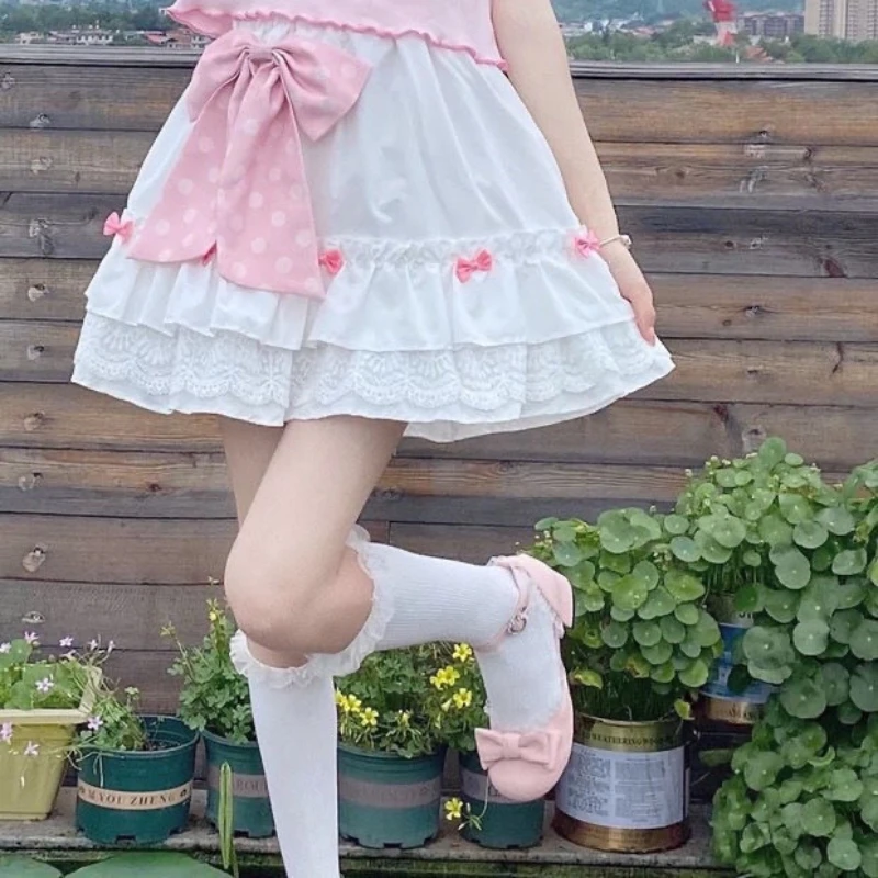 

Kawaii Lolita Ruffle Mini Skirt Women's White Lace Trim Bow Detail Tiered A-Line Skirt Sweet Girls Students Summer JK All-match
