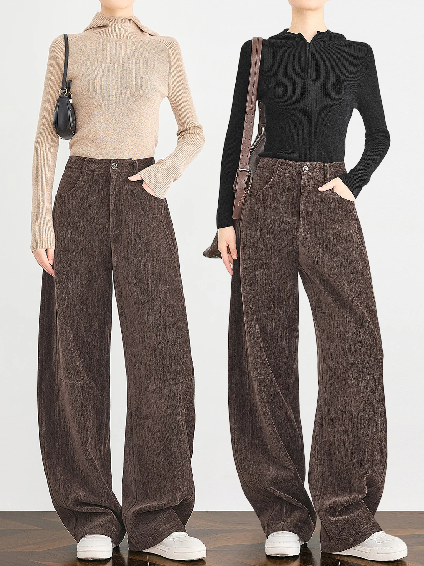 

Thiened Casual Pants Women's Deep Brown Loose Commute Banana Pants High Waist Straight Leg Pants Daily Wear Polyester Fiber