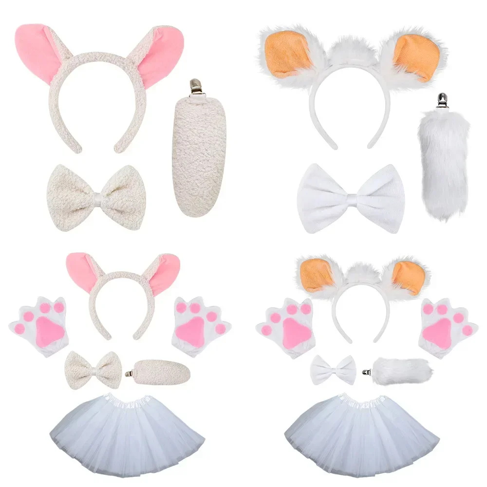 Girls Women Halloween Cute Cartoon Animal Plush Sheep Lamb Headband Ear Tail Bow Tie Skirt Tutu Costume Cosplay