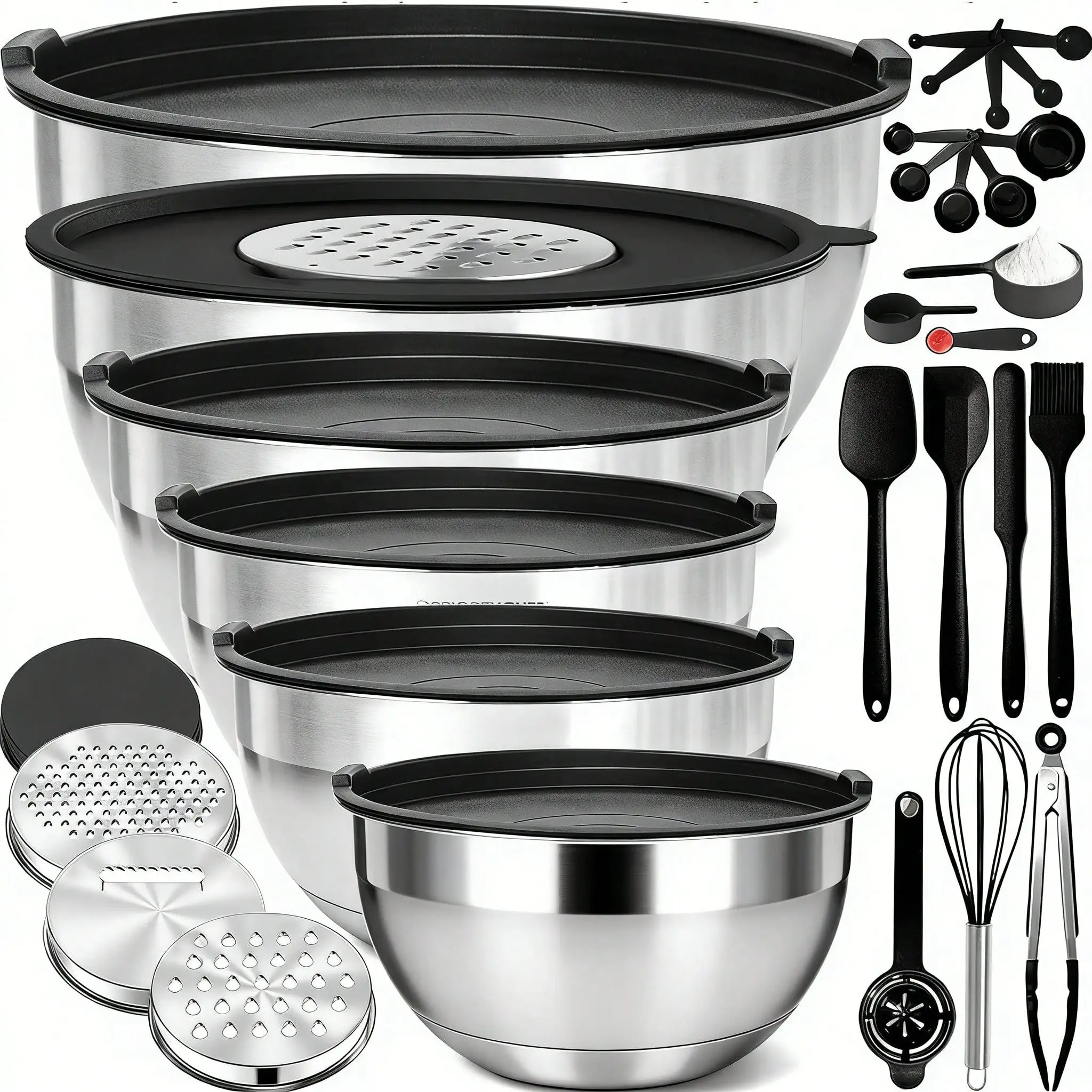 Edelstahl-Rührschüssel-Set mit luftdichten Deckeln, ineinander stapelbare Metall-Salatschüsseln mit Reiben, Messlöffeln, Schneebesen, Silikon-Backwerkzeuge zum Backen und Kochen