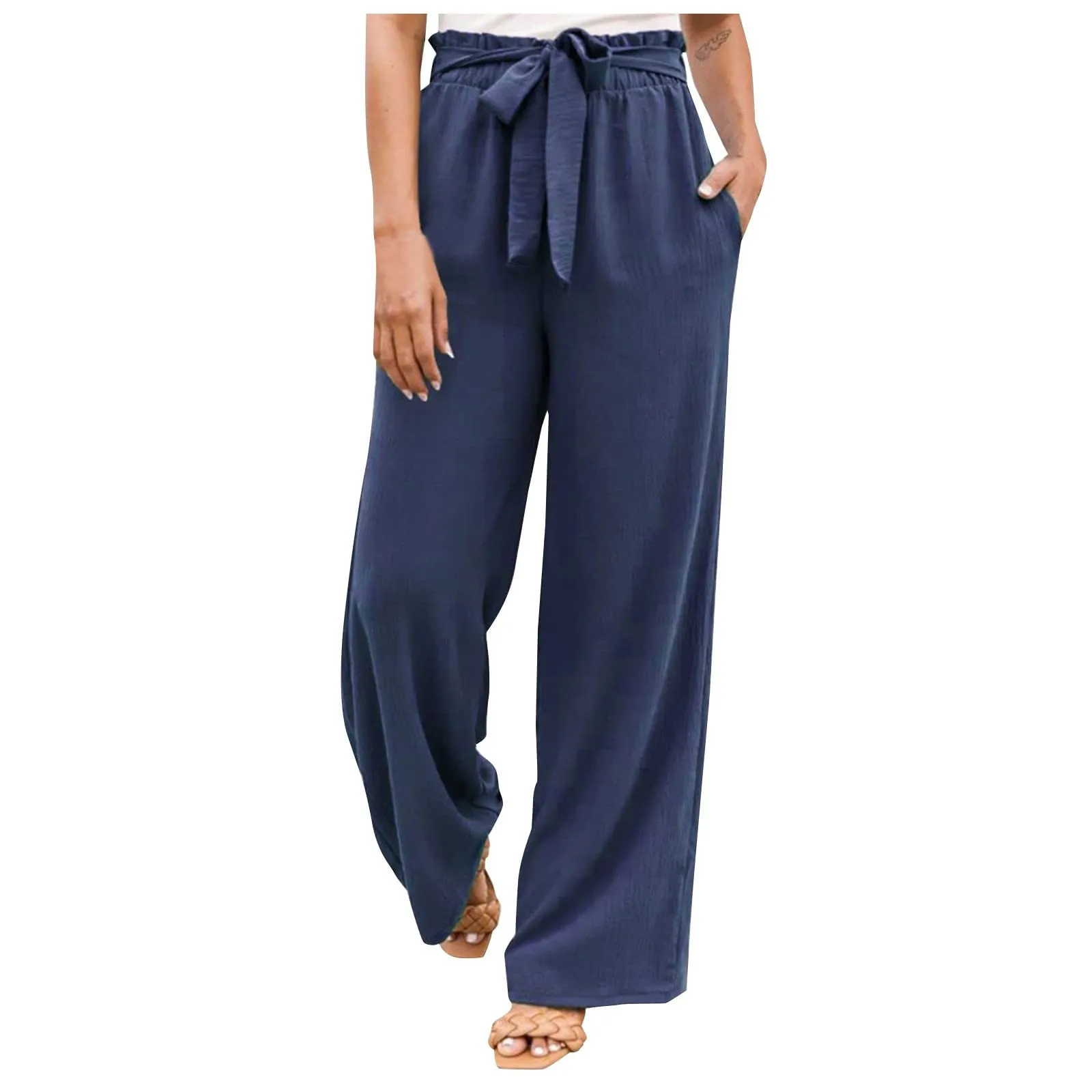 

Cotton Linen Blended Wide Leg Pants Women High Waisted Tied Belt Palazzo Pants Summer Baggy Beach Trousers With Pockets