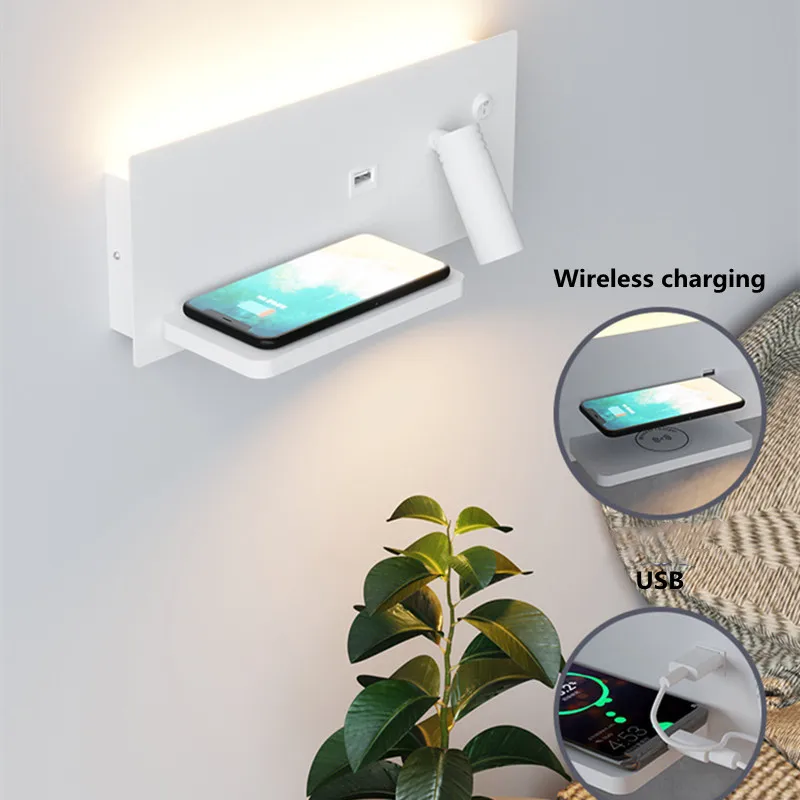 USB LED Wireless Charging Wall Lamp Bedroom Bedside Light Reading Spotlight Simple Study Living Room Multi-Function With Switch