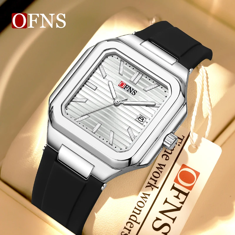 

OFNS 1650 Business and Leisure Men's and Women's Watch Square Silicon Tape Quartz Watch Night Light Calendar 3ATM Waterproof