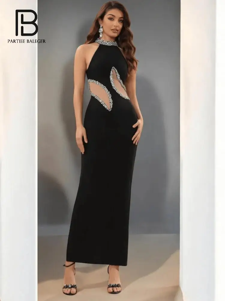 PB 섹시 블랙 홀터넥 워터 드릴 장식 컷아웃 롱 드레스 슬리브리스 메쉬 슬림 정장 파티 이브닝 가운 베스티도스