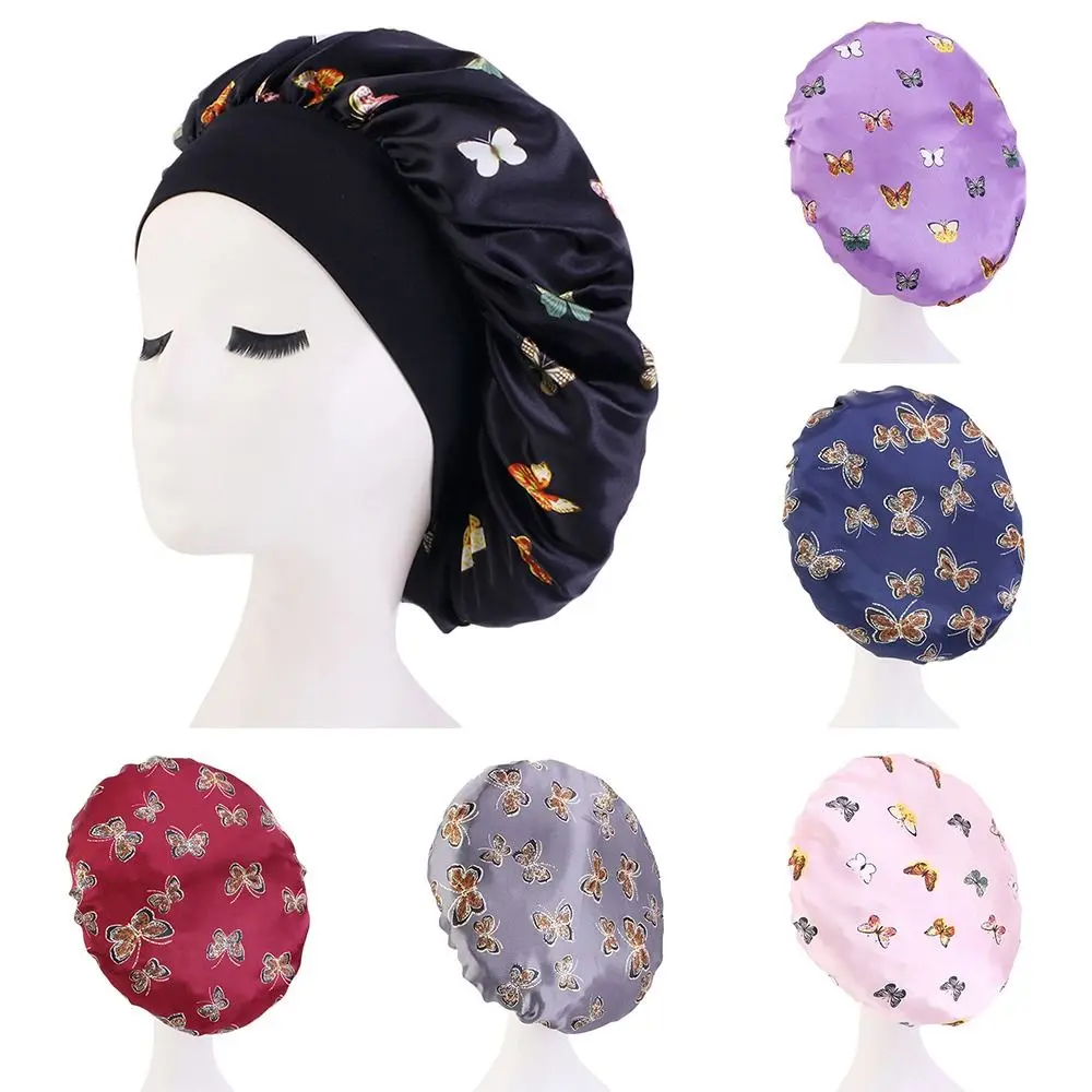 Fashion Butterfly Print Sleeping Cap Satin Hair Care Turban Hat Washing Face Skin-caring Night Cap for Women