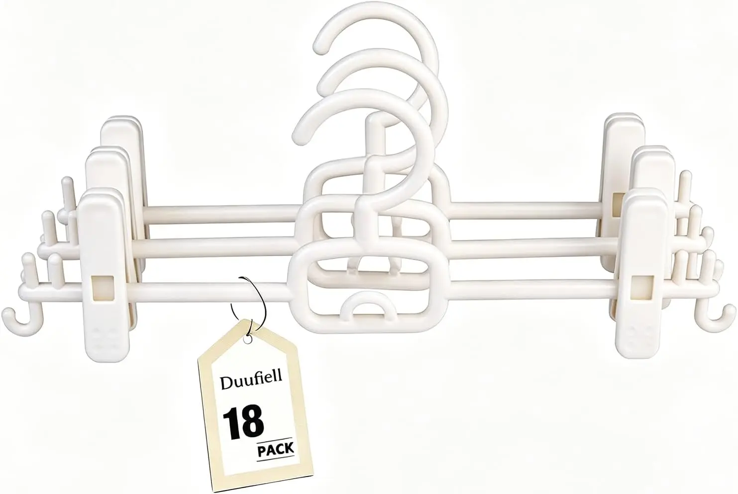 

Набор из 18 вешалок для брюк с зажимами - складные белые пластиковые вешалки для брюк и юбок, 360 ° Поворотный крючок, регулируемые нескользящие зажимы, для спа-процедур