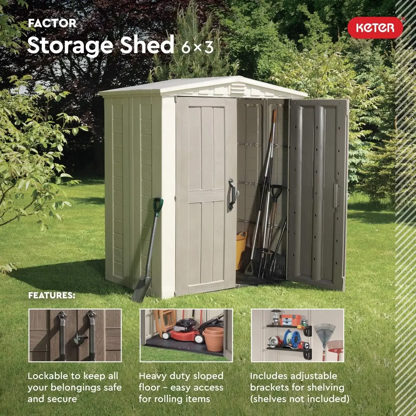 Keter Factor-Outdoor Storage Shed Kit, perfeito para armazenar móveis do pátio, ferramentas de jardim, acessórios para bicicletas, cadeiras de praia e Push L