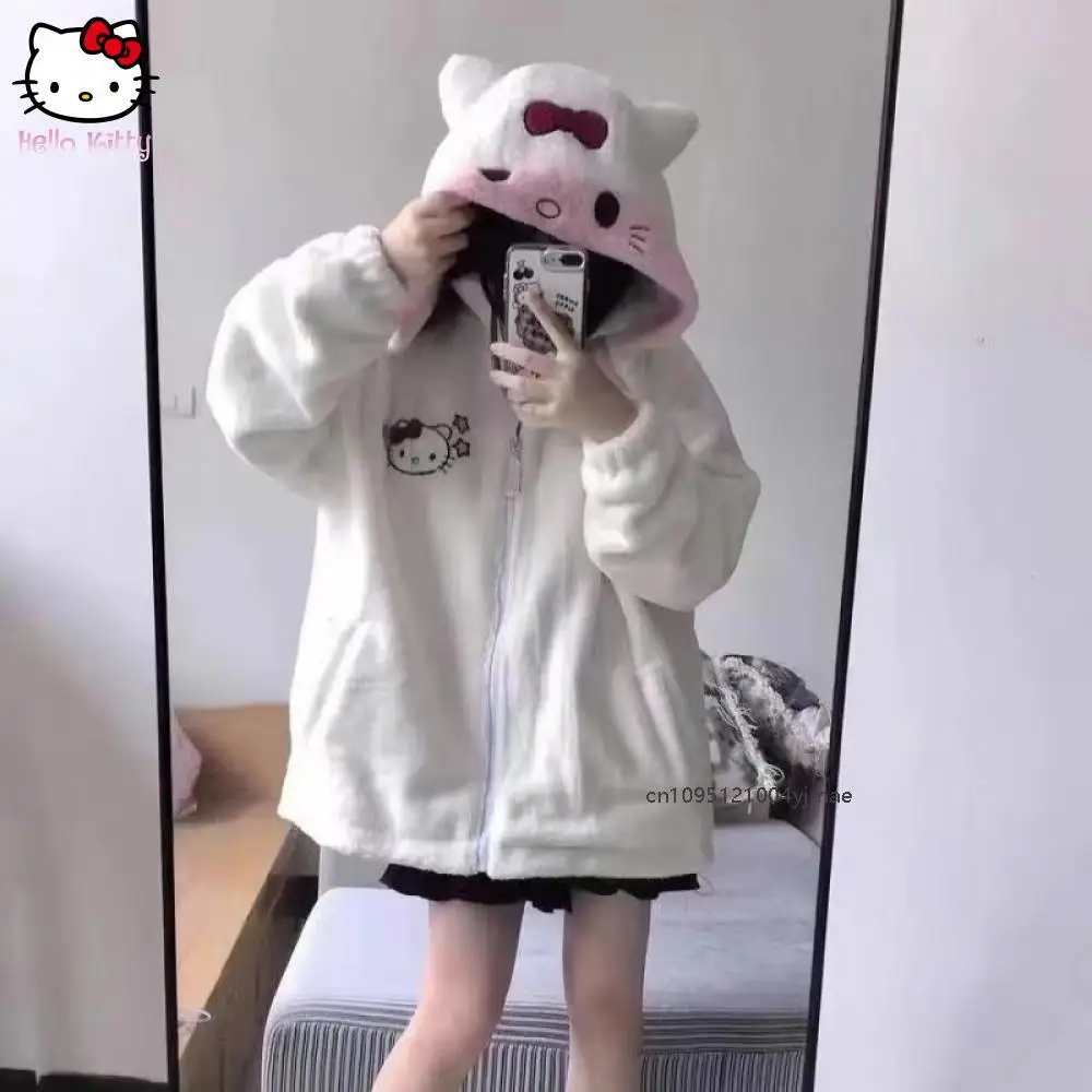 새로운 쿠로미 일본 귀여운 키티 후드 스웨트 셔파 코트 여성 모자 분리형 가을 겨울 Cinnamoroll 지퍼 자켓 따뜻한