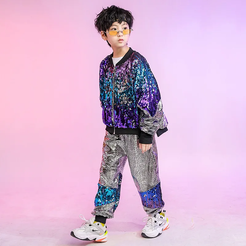 Street Jazz Tanz kostüm Performan Kleidung tragen Kinder Hip Hop Kleidung Pailletten Mantel Jacke lose silberne Hosen für Mädchen Jungen