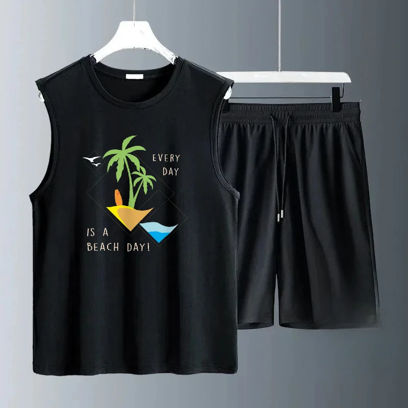 

2025 Men Seagull Coconut Tree Print Breathable Sleeveless Summer Set Trendy Casual Wear for Gym Running and Travel suits gym set