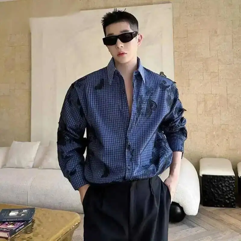 Men's Shirts Long Sleeve Two-piece Butterfly Mesh Design Threedimensional Butterfly Decoration Male Top Summer 9WN1VM