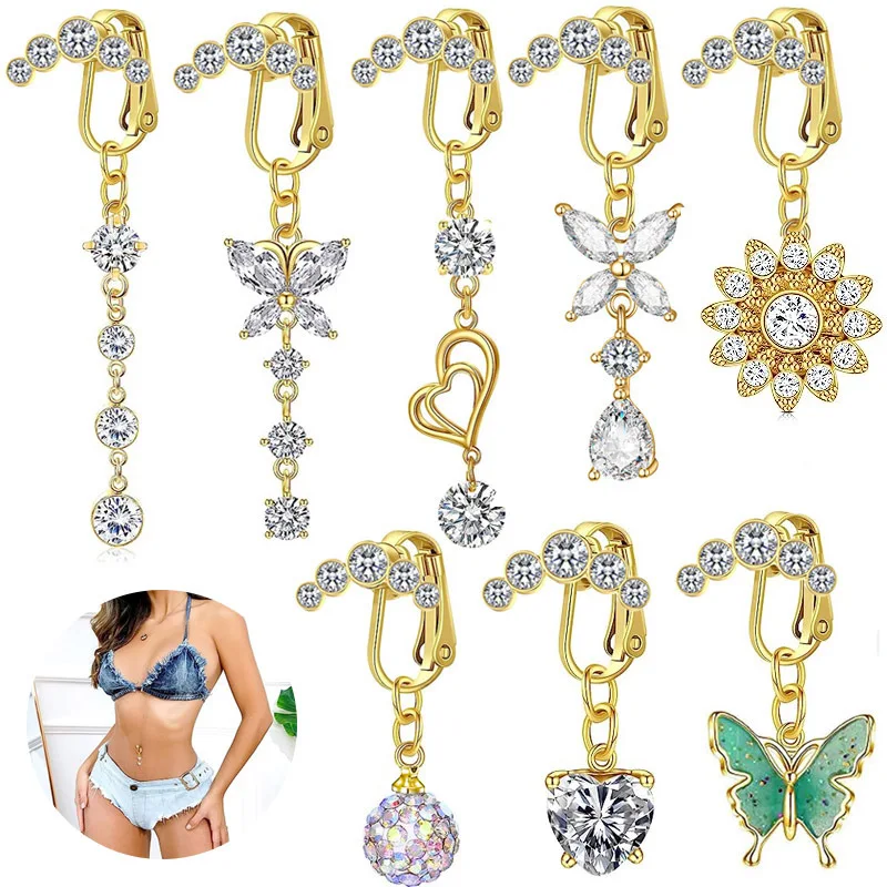Fake Belly Button Rings Stainless Steel Gold Color Crystal Zircon Fake Belly Piercing Clip on Umbilical Navel Faux Belly Clip