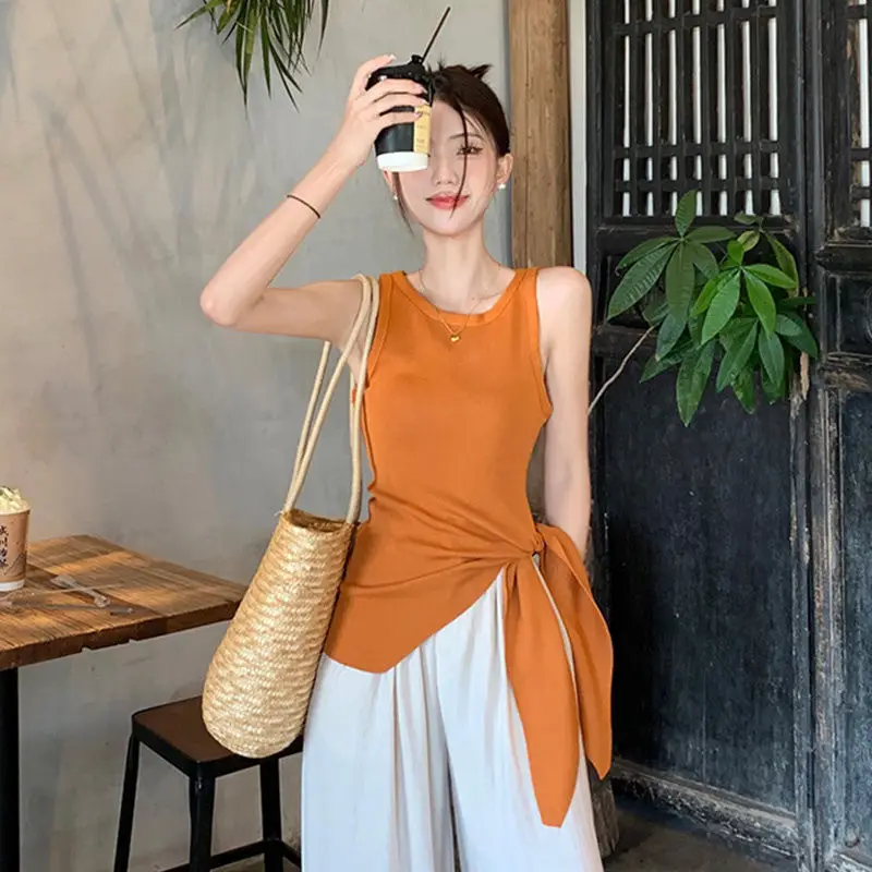 سترة بروتيل محبوكة بلون سادة لملابس الصيف، حزام خصر غير منتظم مفتوح بدون أكمام