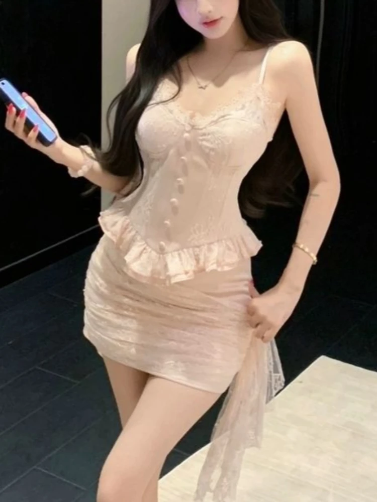 

Summer Sexy Sweet Elegant Pink 2 Piece Set Women Chic Y2k Strap Tops + Irregular Skirts Japanese Fashion Fairy Holiday Outfits