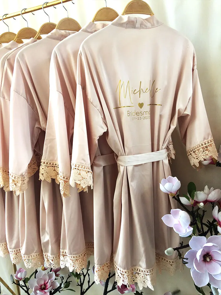 Personalized Name Dressing Gown Bride Kimono Silk bridesmaid Gowns Custom Wedding Nightgown Bachelorette Party Floral Trim Robes