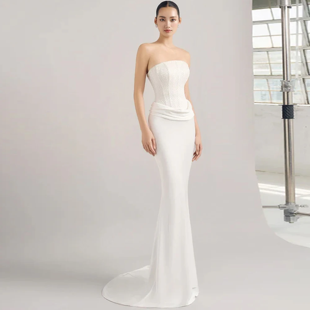 

Sexy Mermaid Jersey Evening Dress Exquisite Strapless Celebrity Gowns Fashion Sweep Train Customized Special Occasion Gowns