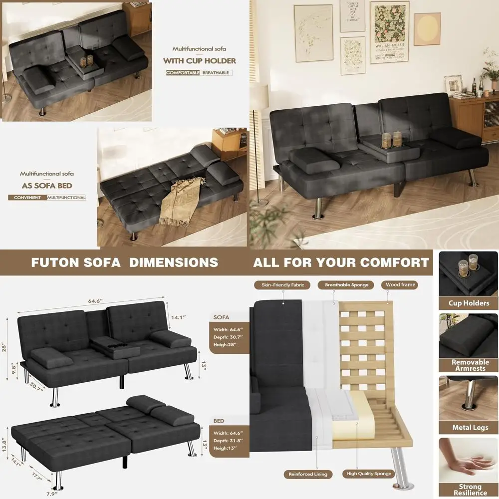 

Adjustable Reclining Sleeper Sofa with Removable Armrests and Dual Cup Holders - Living Room, Office, Fabric, Black