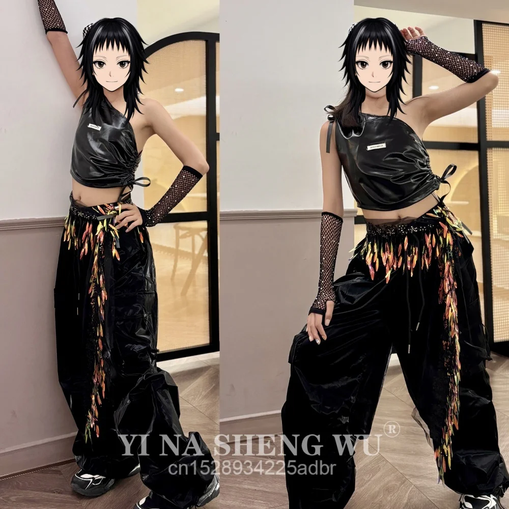 Girls K-pop Shiny Crop Top Skirts Street Dance Cargo Pants Kids Hip Hop Jazz Girl Group Clothes Sets Children Streetwear Costume