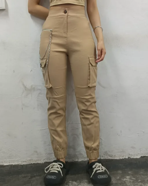 Cuffed Cargo Pants for Women Chain Decor Multi Pocket Design Women\'s Pants Trouser Casual Bottom Woman Casual Slim Trousers