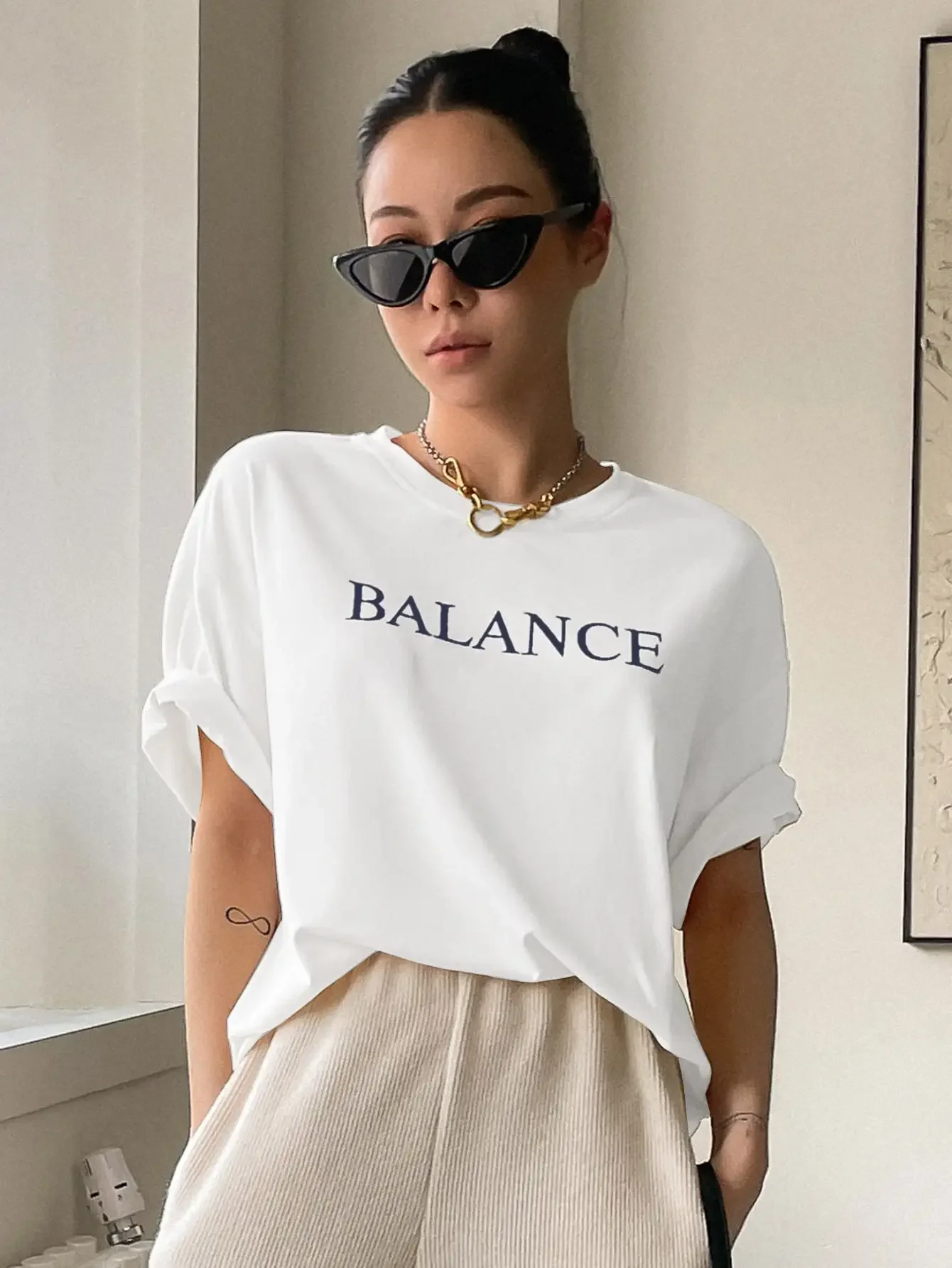 Balance Letter Printed Casual T-Shirts Women Summer Loose Oversize Short Sleeve Fashion Street Tshirt 100% Cotton Tee Clothing