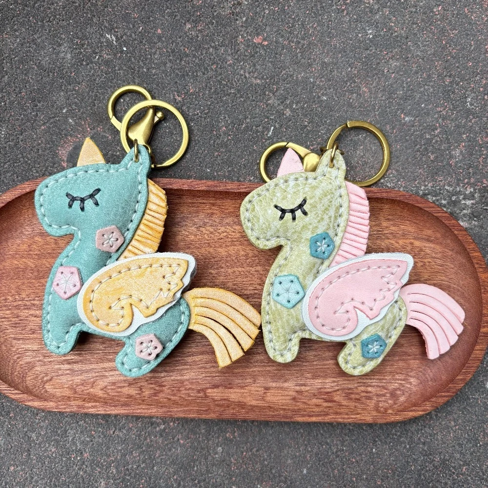 

Handmade Genuine Leather Cowhide Pony Bag Charm, Unicorn Keychain Accessory for Bags and Cars