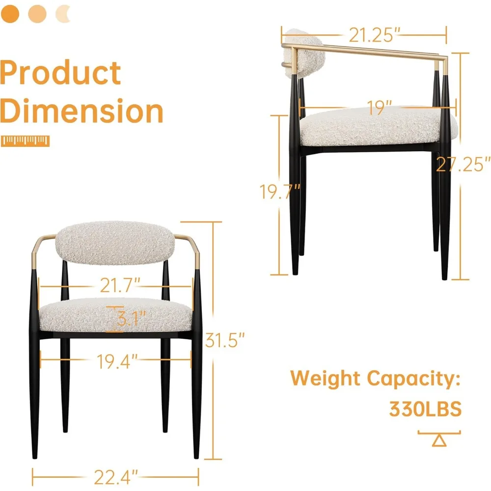زوج من كراسي تناول الطعام المنجدة الحديثة مع مساند للذراعين ذهبية وأرجل معدنية سوداء، مثالية للجلوس المميز