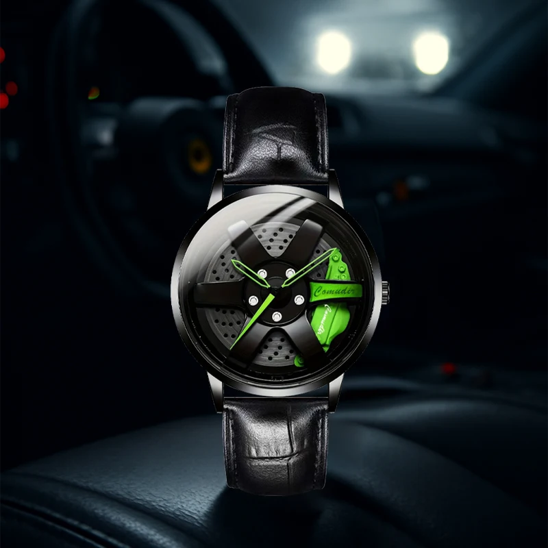 

Мужские кварцевые часы с черным ремешком и зеленым циферблатом в черном корпусе