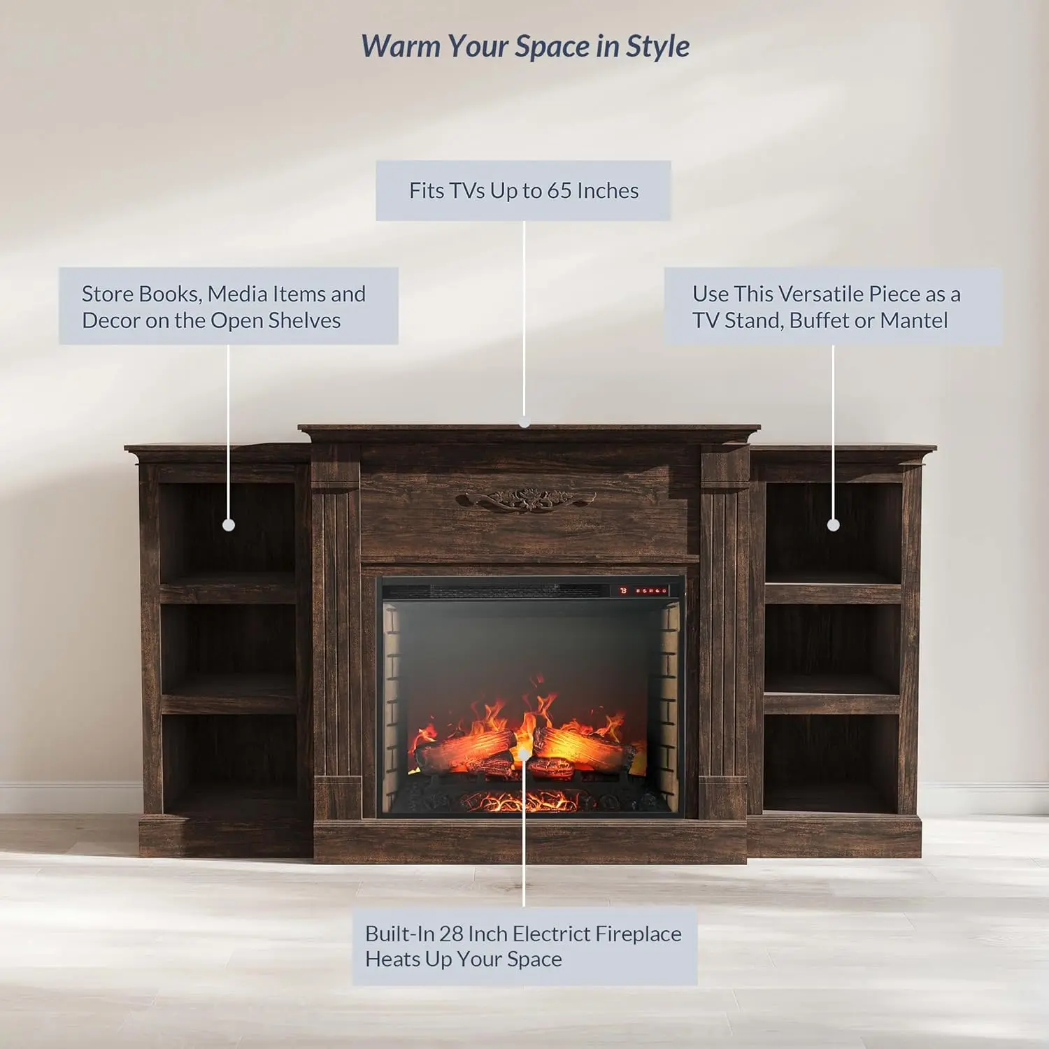 Consola multimedia para chimenea eléctrica contemporánea de 70 con calefacción eficiente para televisores de hasta 68