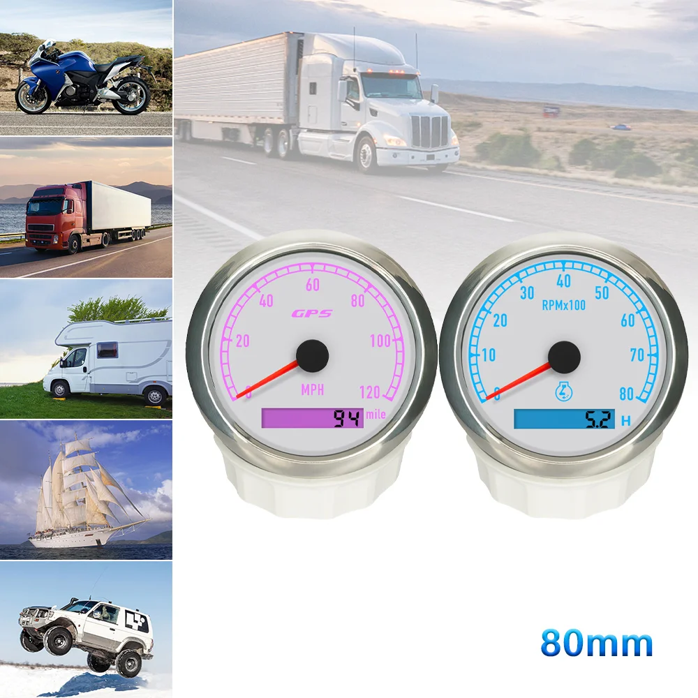 

Rhaxel Gauge Set 80MM GPS Speedometer 80MPH 0-120MPH with 0-6000RPM 0-8000RPM Tachometer REV Counter 12V 24V for Truck Speedboat