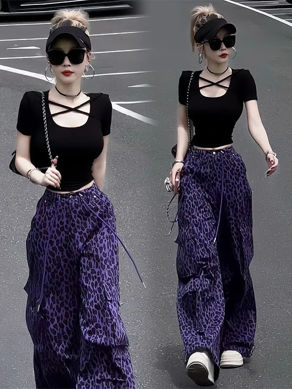 

Fashionable Black Top And Purple Leopard Print Wide Leg Pants Two Piece Set Slim Fit Women's Summer Casual Wear Ensemble